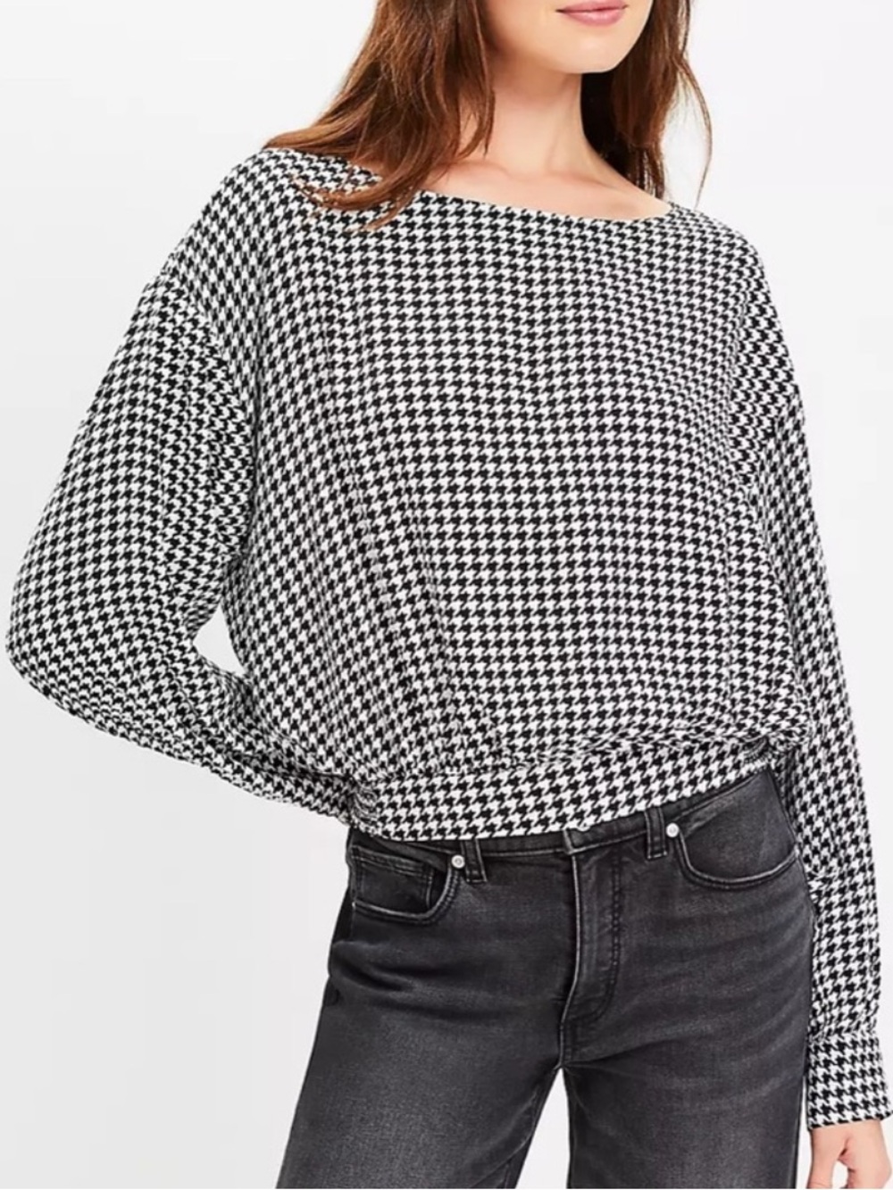 LOFT Women's Black / White‎ Houndstooth Long Sleeve Top back elastic waist Sz M